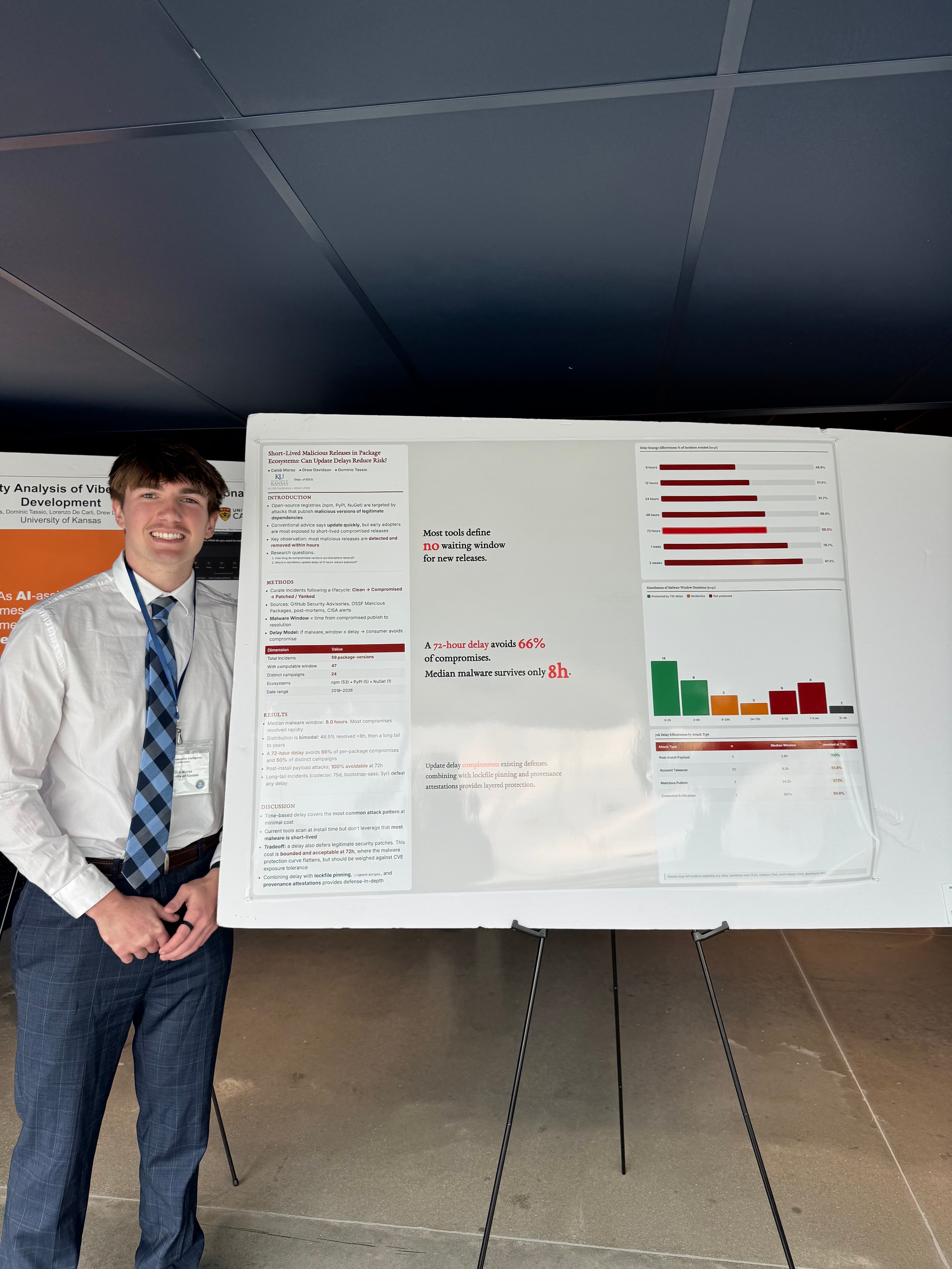Caleb presenting a research poster on short-lived malicious package releases